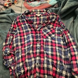 Plaid button down with pink blue and black